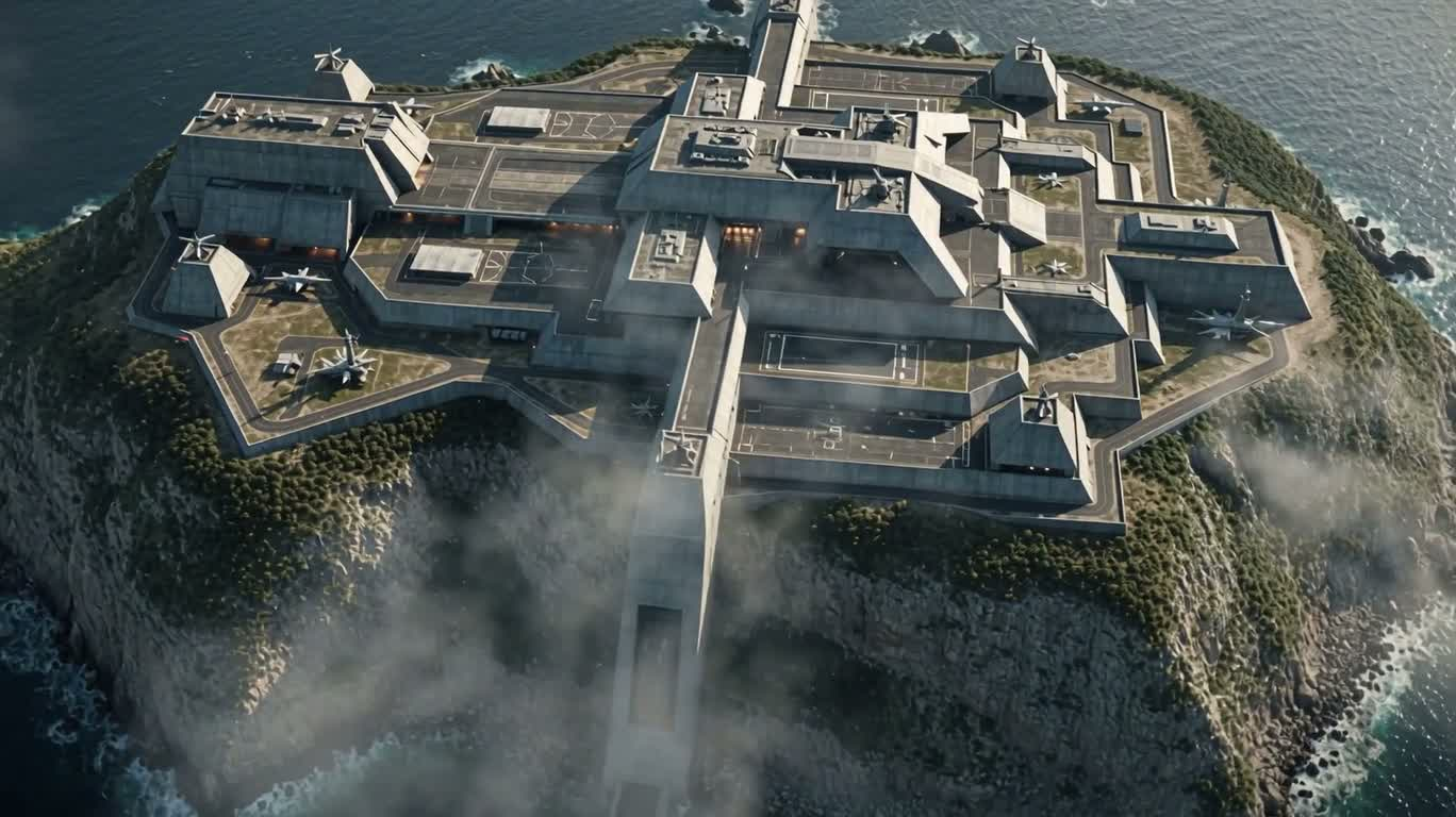 悬崖岛屿上的科幻军事基地