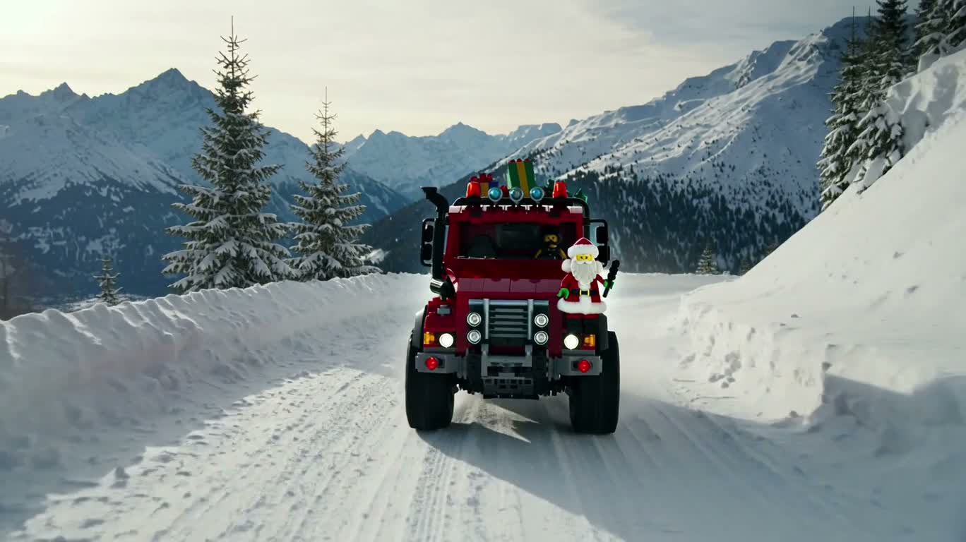 LEGO-Санта на заснеженном грузовике с оленем