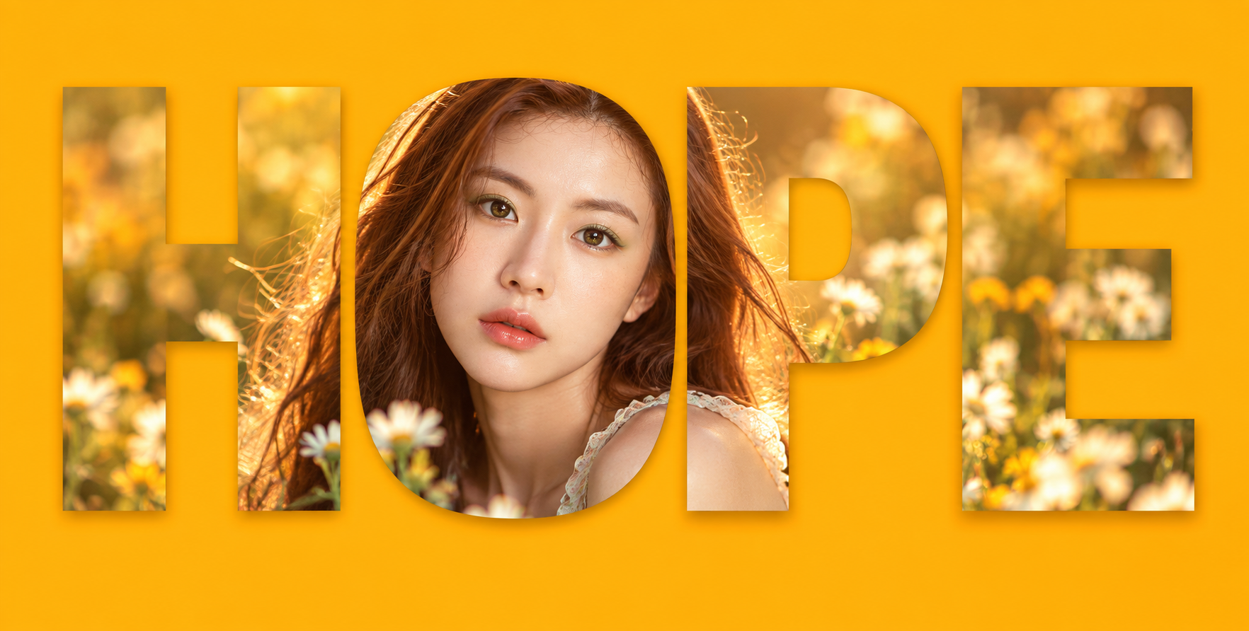 HOPE字母遮罩中的成年女性温暖花影人像海报