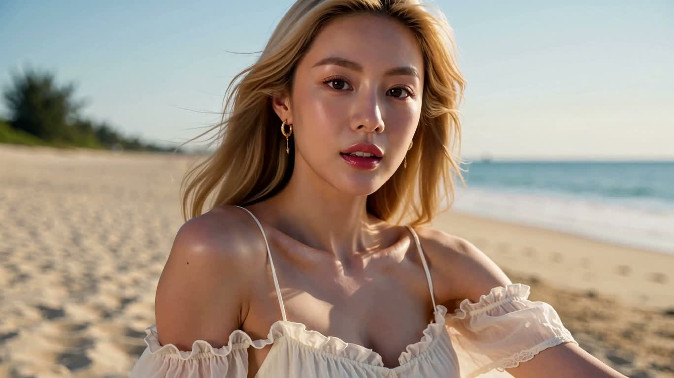 海滩风中金发女性凝望镜头
