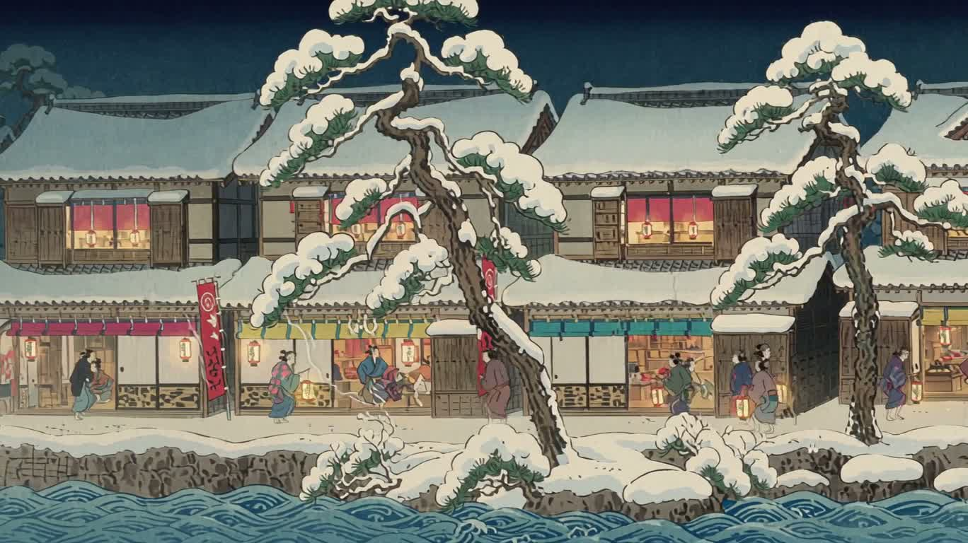 江户雪夜木版画街景