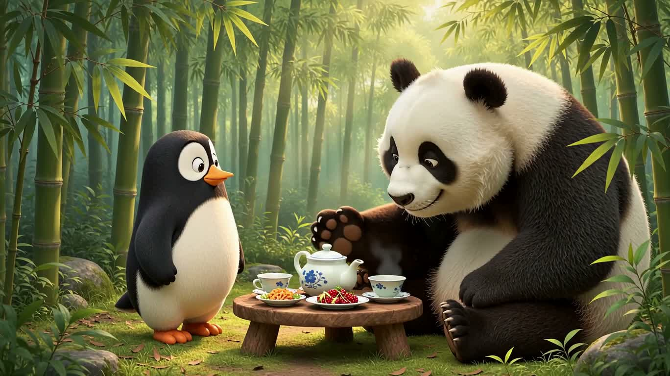 竹林熊猫与企鹅茶会