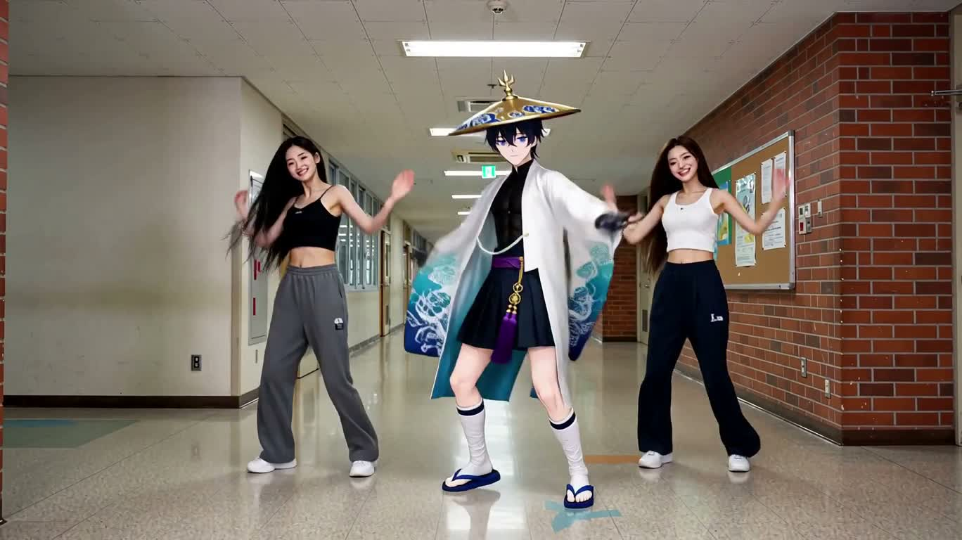 校园走廊三人活力舞蹈