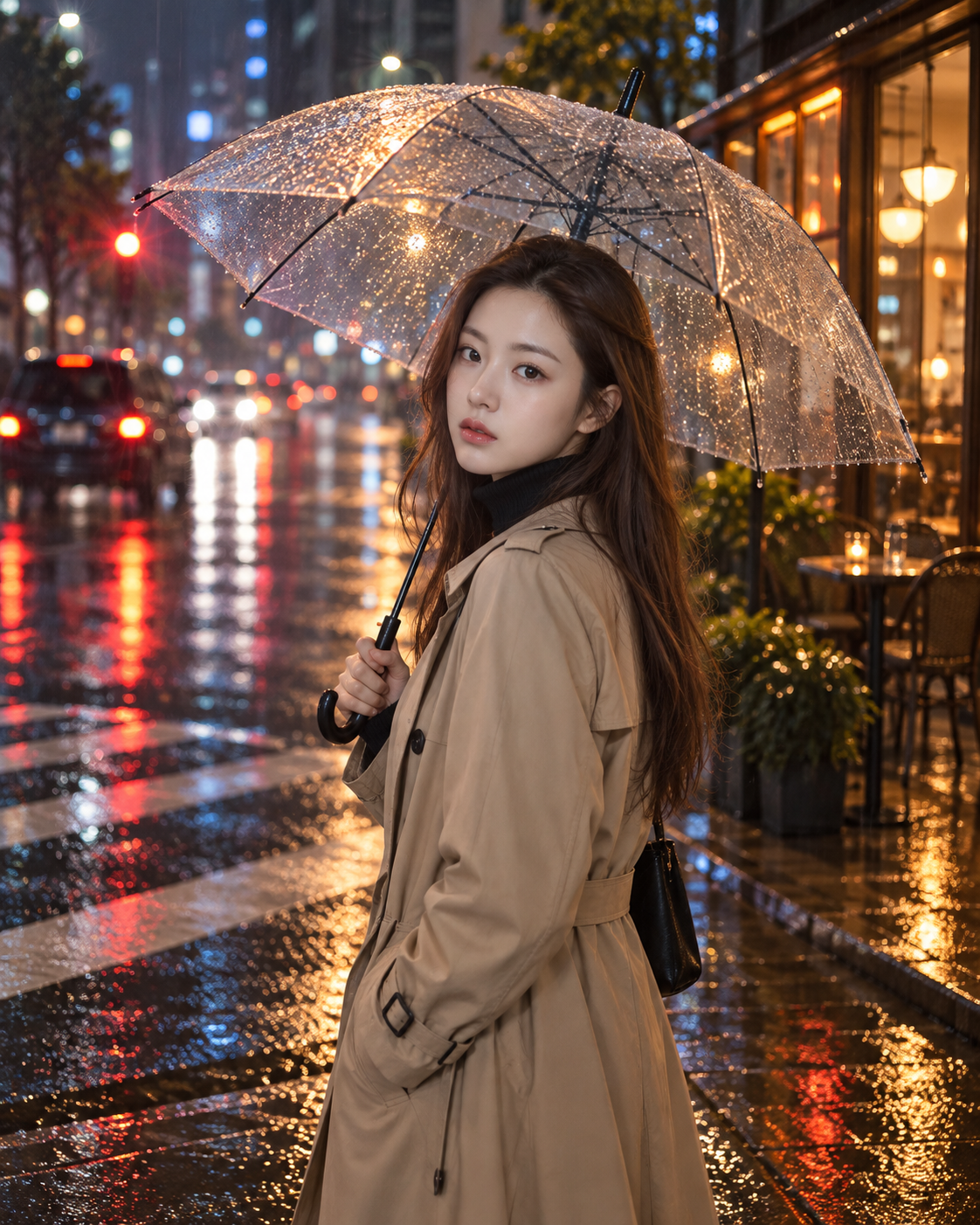 都市雨夜透明伞下的成年女性