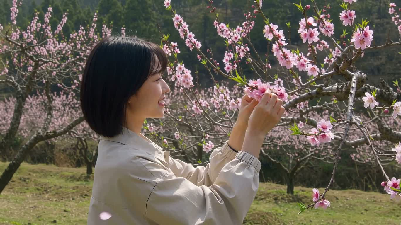 桃花微风中的采花微笑 — AI video creation