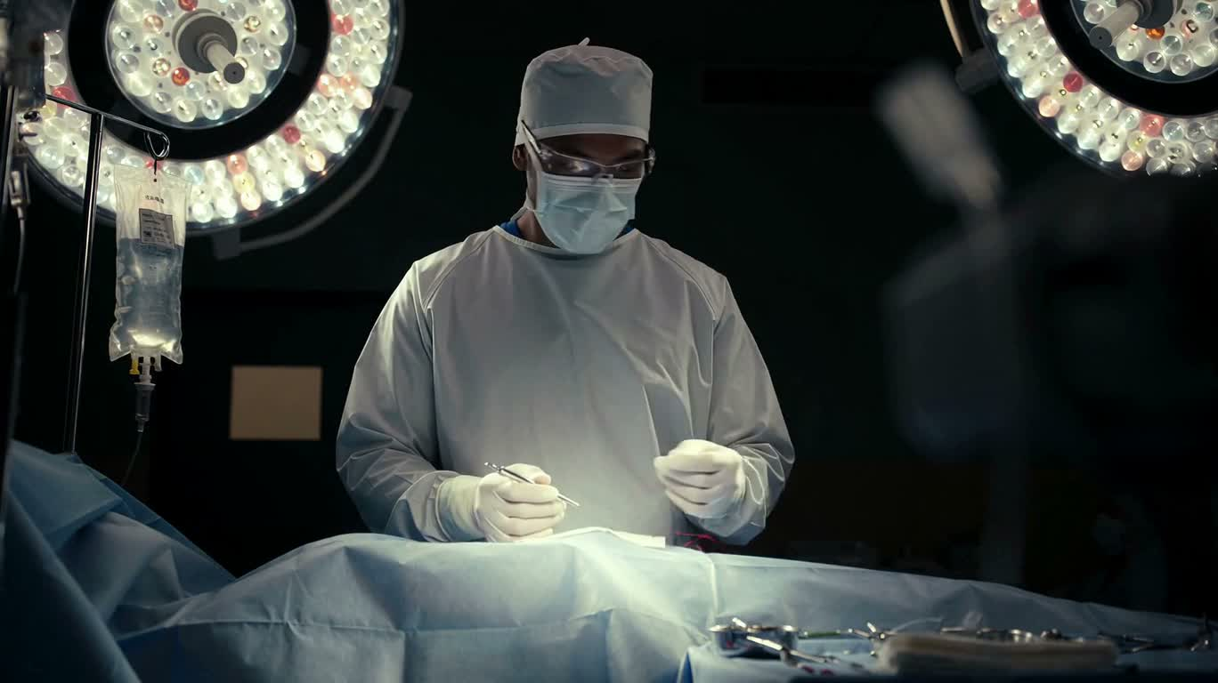 Nœud de suture au fil rouge dans la salle d'opération