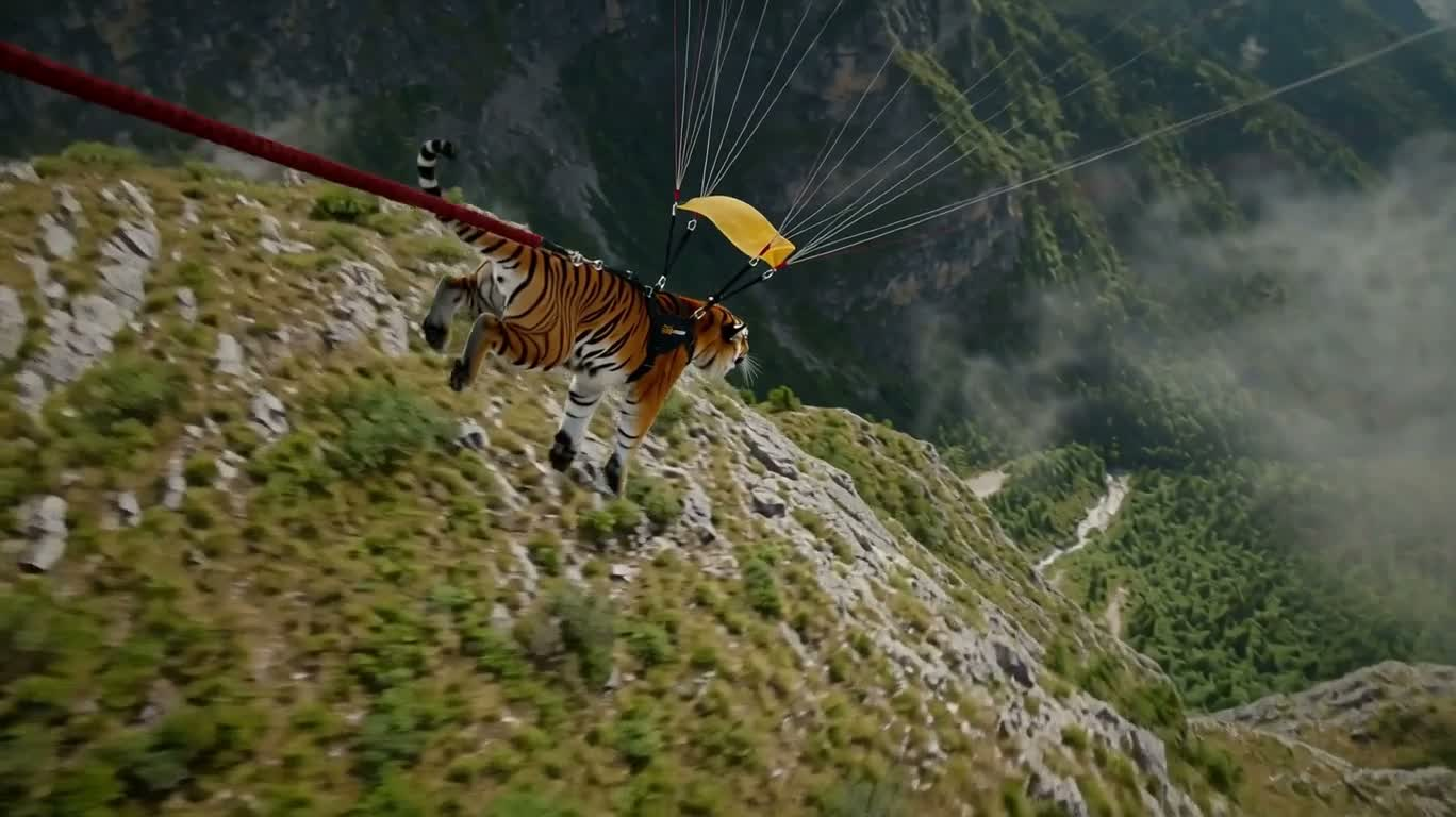崖の滑空:虎と傘 — AI video creation