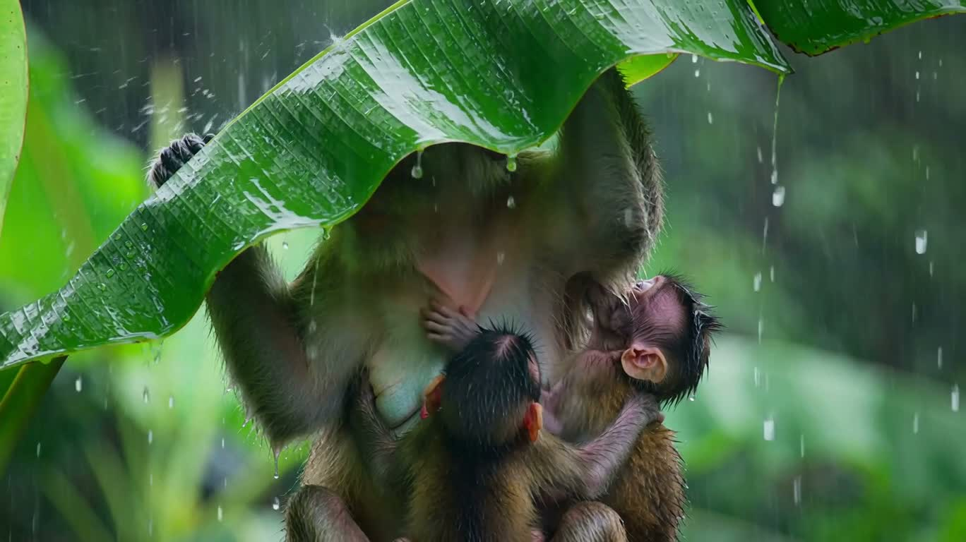 暴雨中的猴妈妈与幼崽