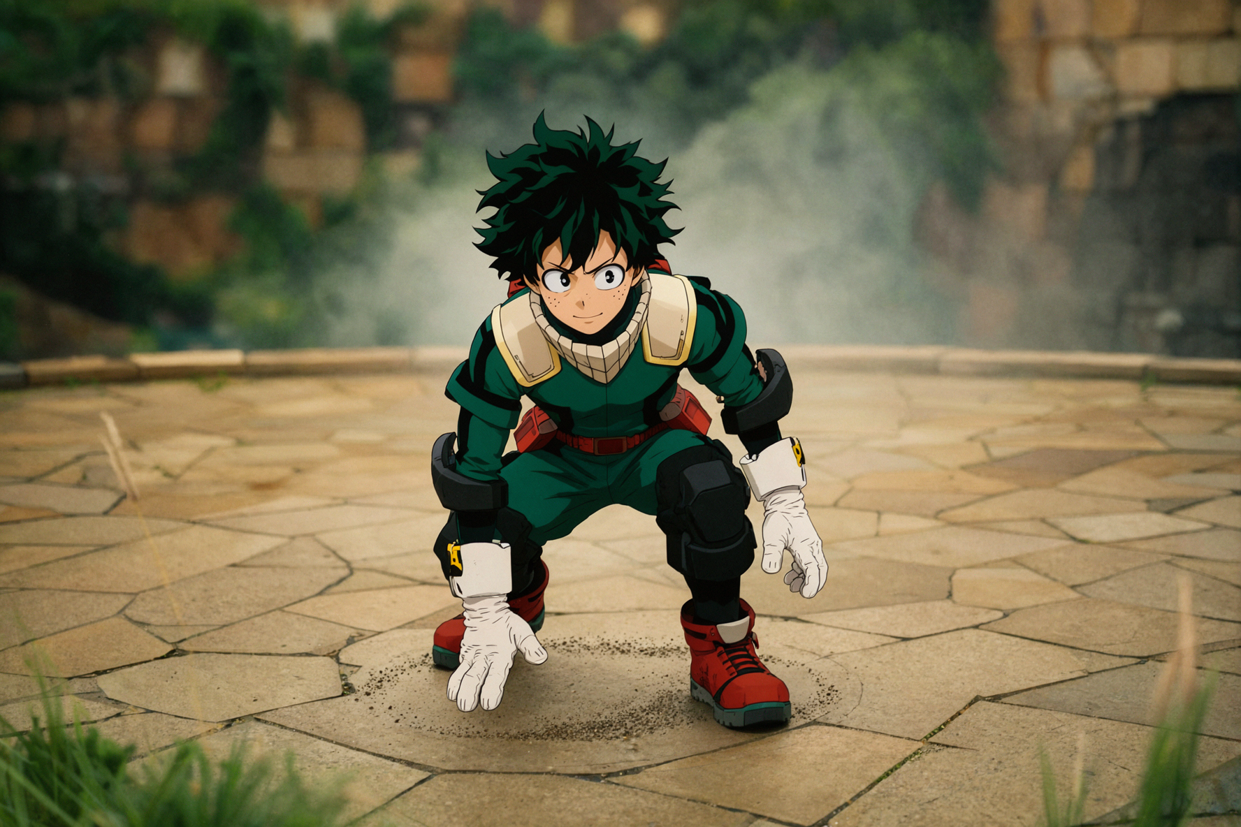 Izuku Midoriya · Vòng bụi khi tiếp đất · Bokeh xoáy ống kính cổ