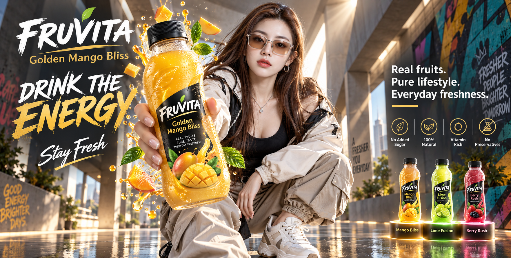 未来走廊中的高端芒果果汁广告