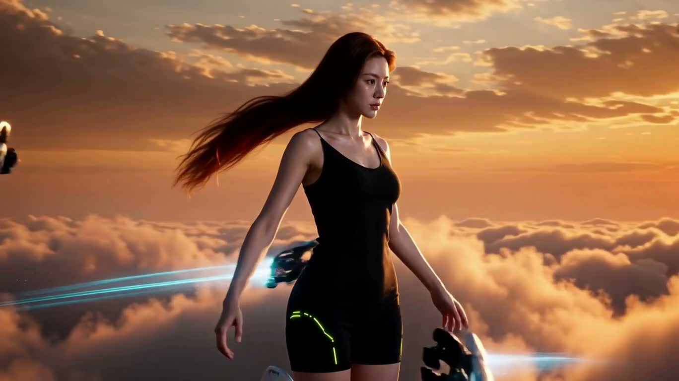 Guerrière : éveil de l'armure dans la mer de nuages — AI video creation