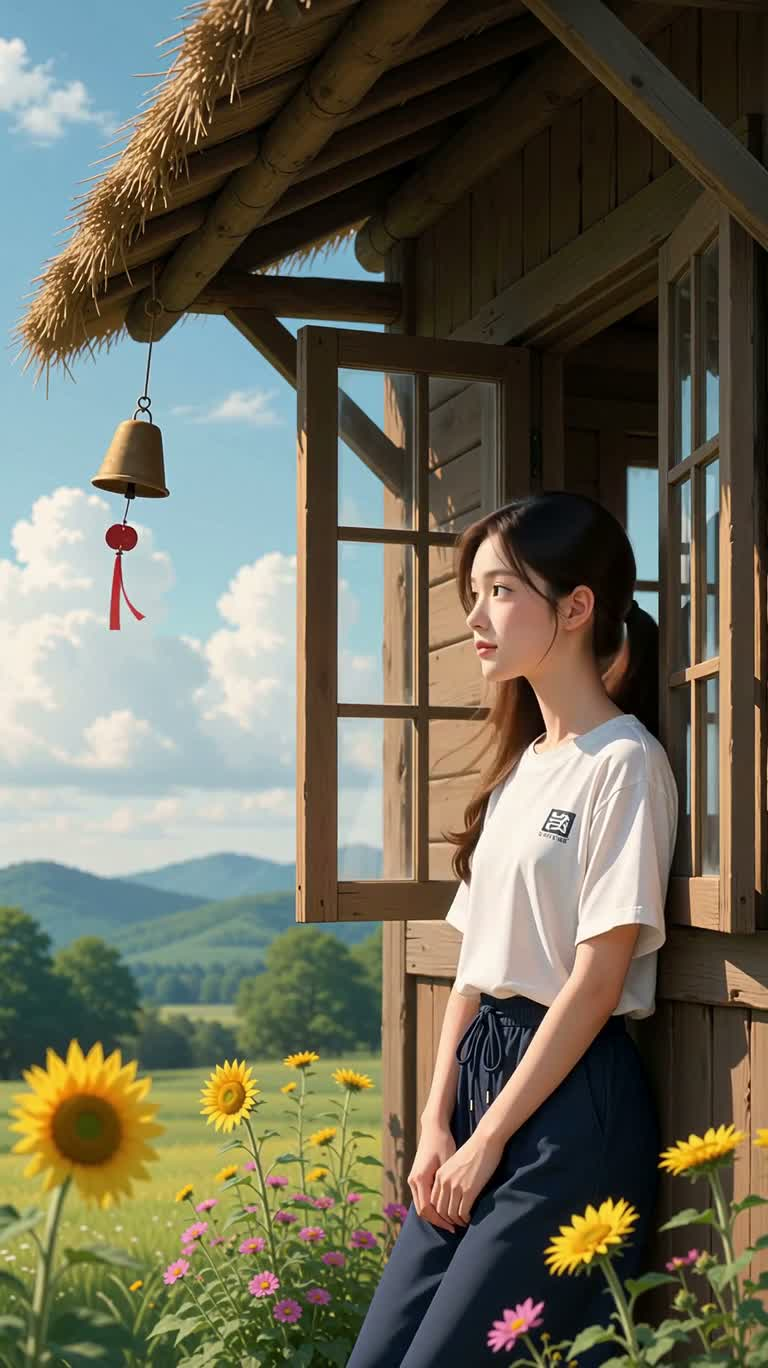 风铃与小猫的乡间黄昏