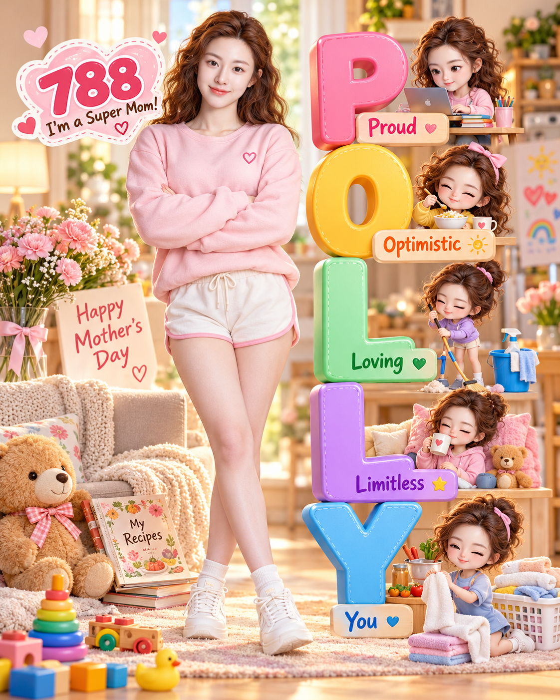 Портретный постер ко Дню матери с буквами Polly и супермамой