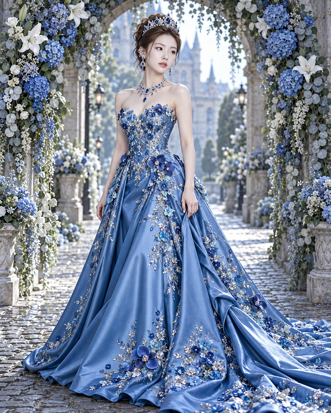 Chân dung thời trang toàn thân của người phụ nữ trưởng thành trong váy hoa xanh băng dưới vòm hoa nở rộ
