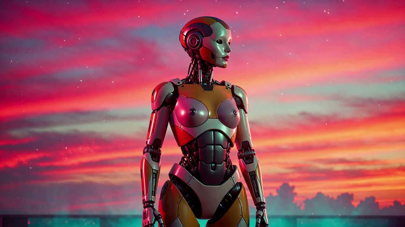 霓虹暮色中的复古金属女机器人 — AI video creation