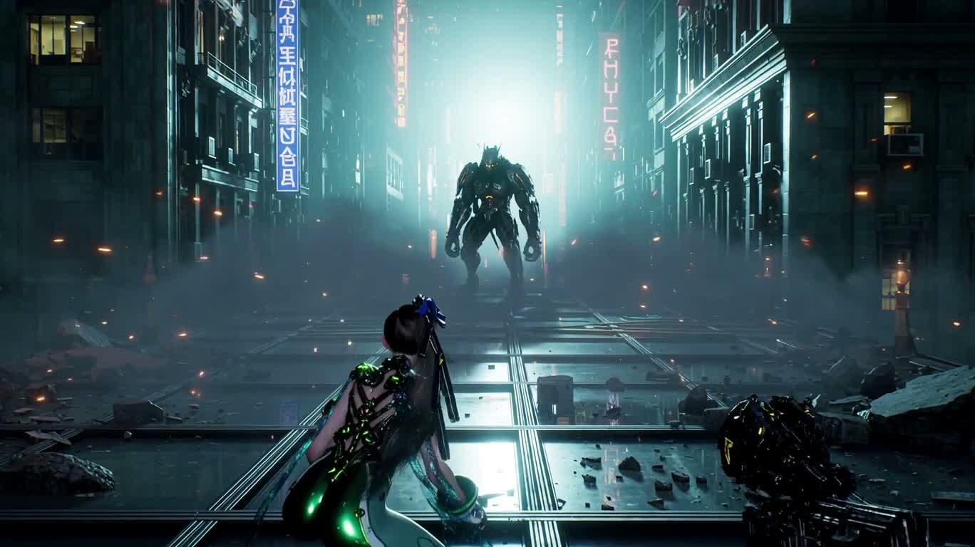 Trận chiến mech trên không neon