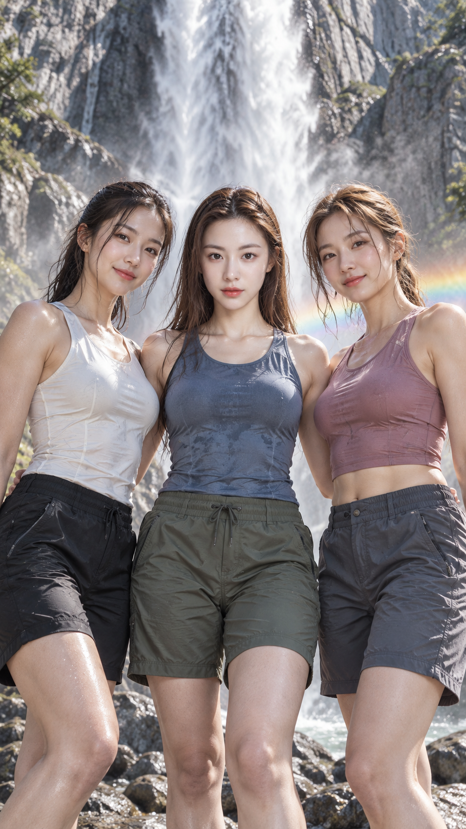 绝美瀑布彩虹下的三位女星运动写真