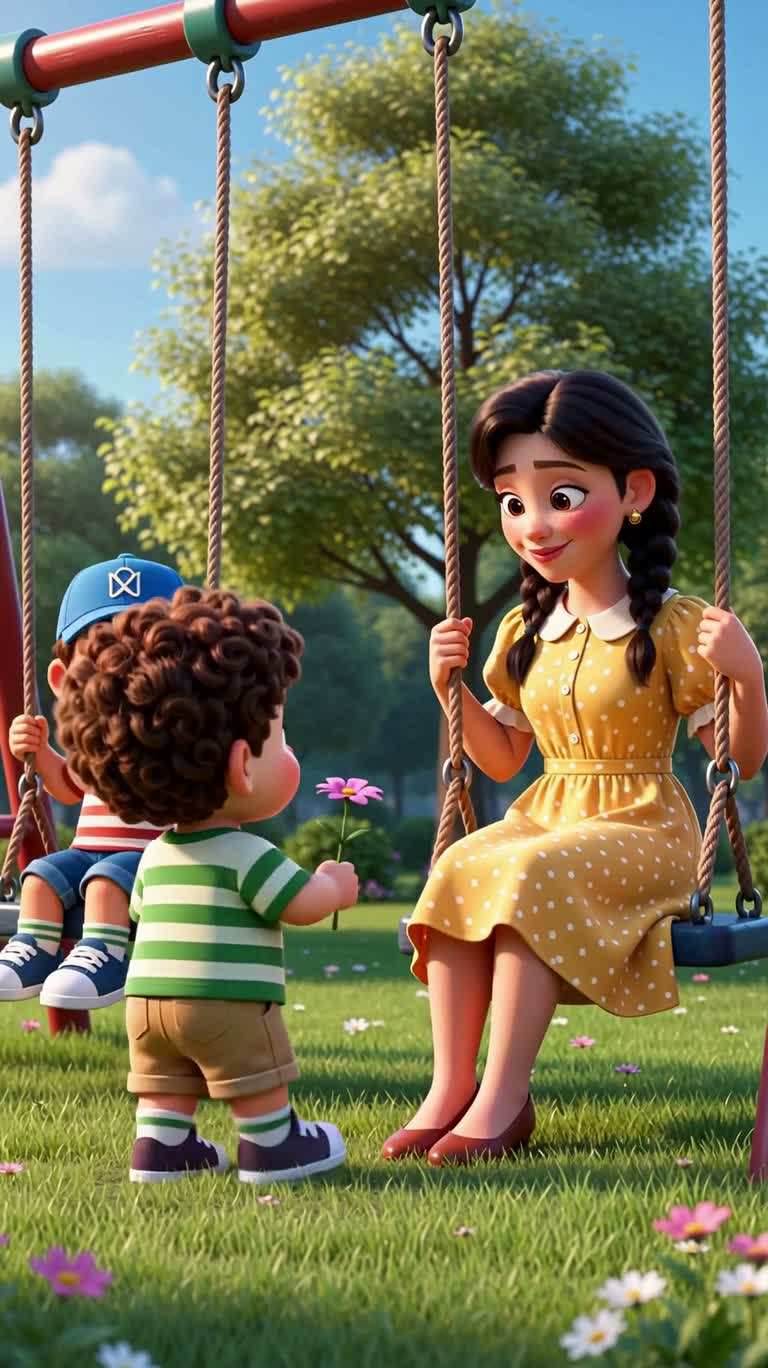 Hoa trên xích đu công viên và người cha che chở