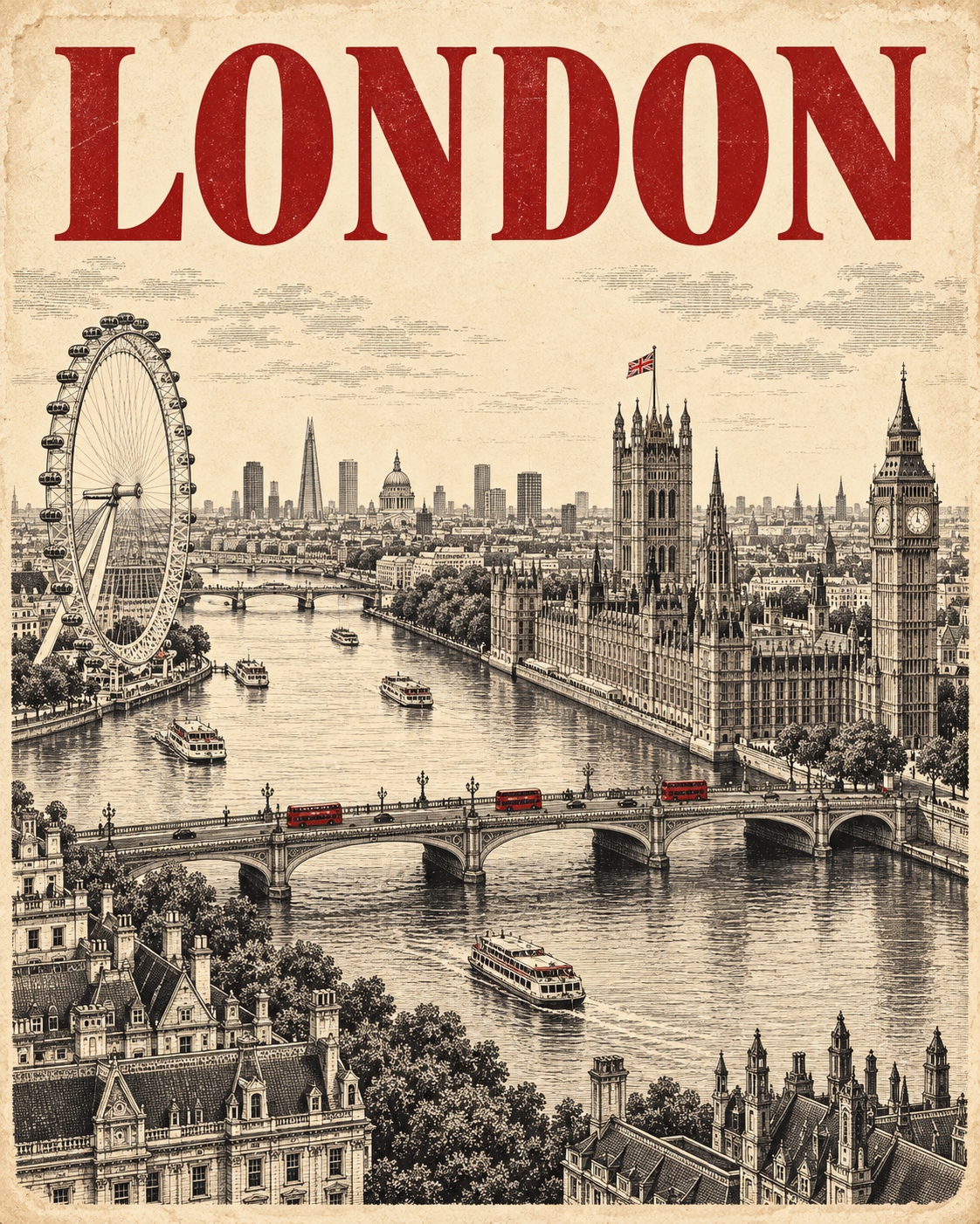 Áp phích du lịch London phong cách khắc cổ điển nhìn từ trên cao