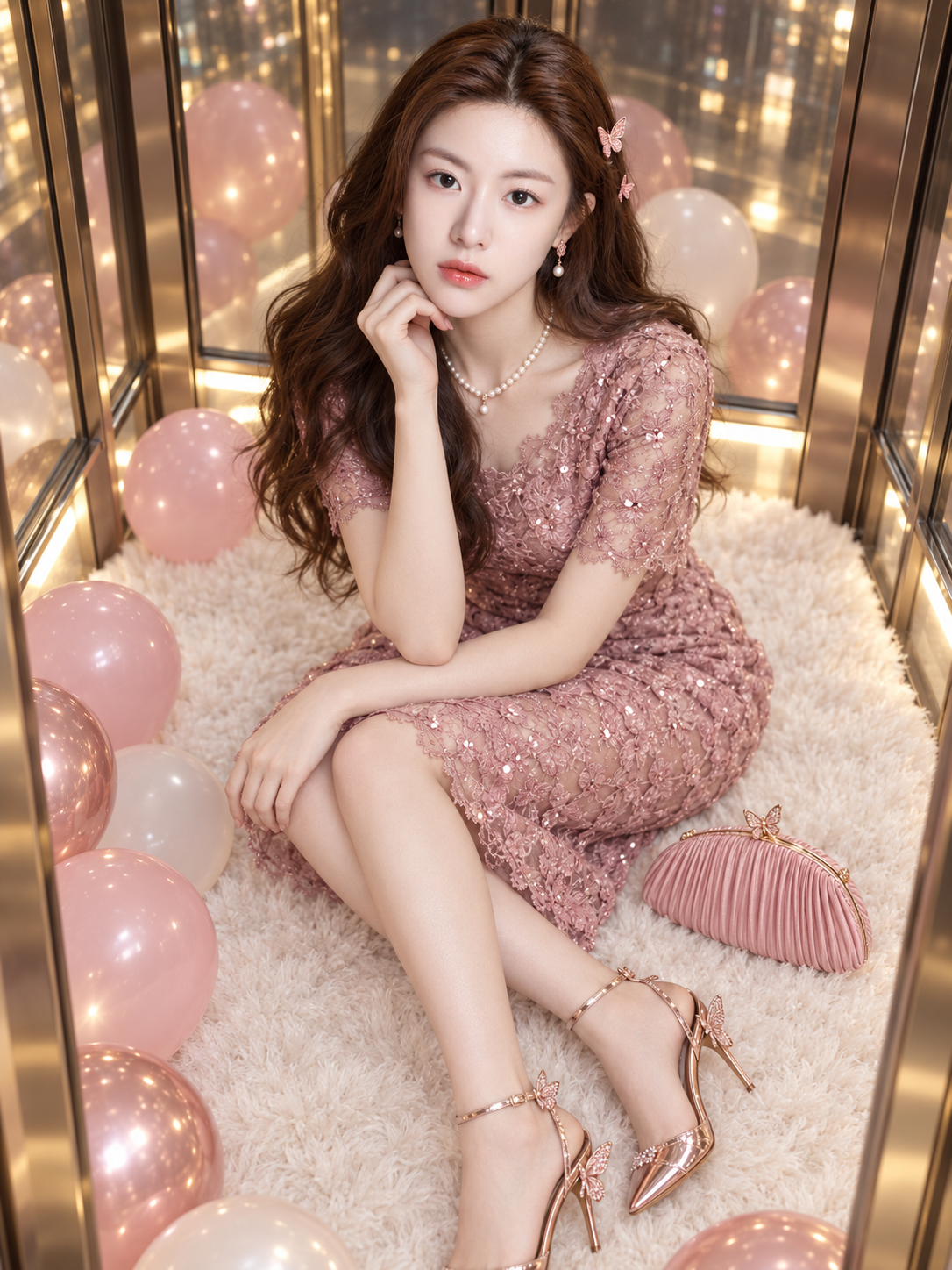 玻璃电梯中的成年女性粉色蕾丝时尚肖像
