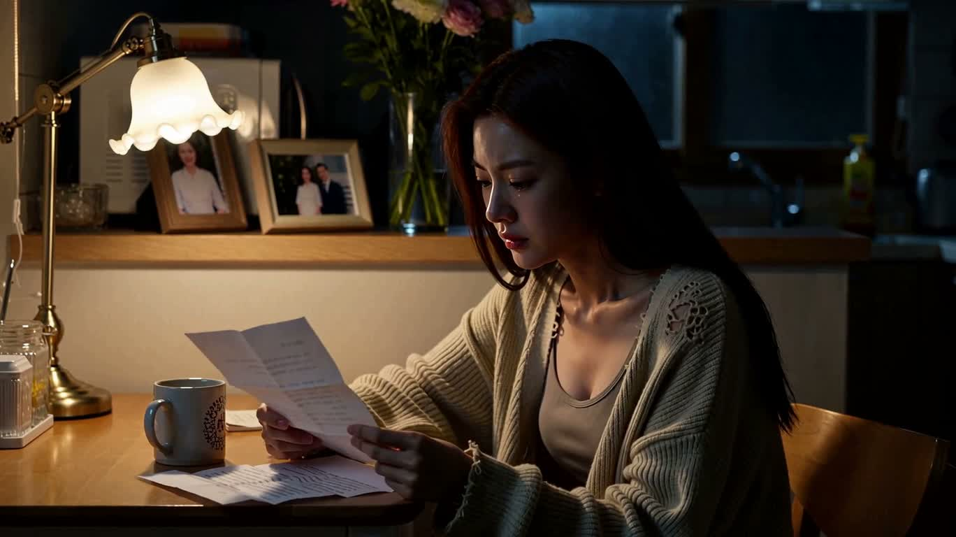 灯下で手紙を読む、悲しみが崩れ落ちる — AI video creation