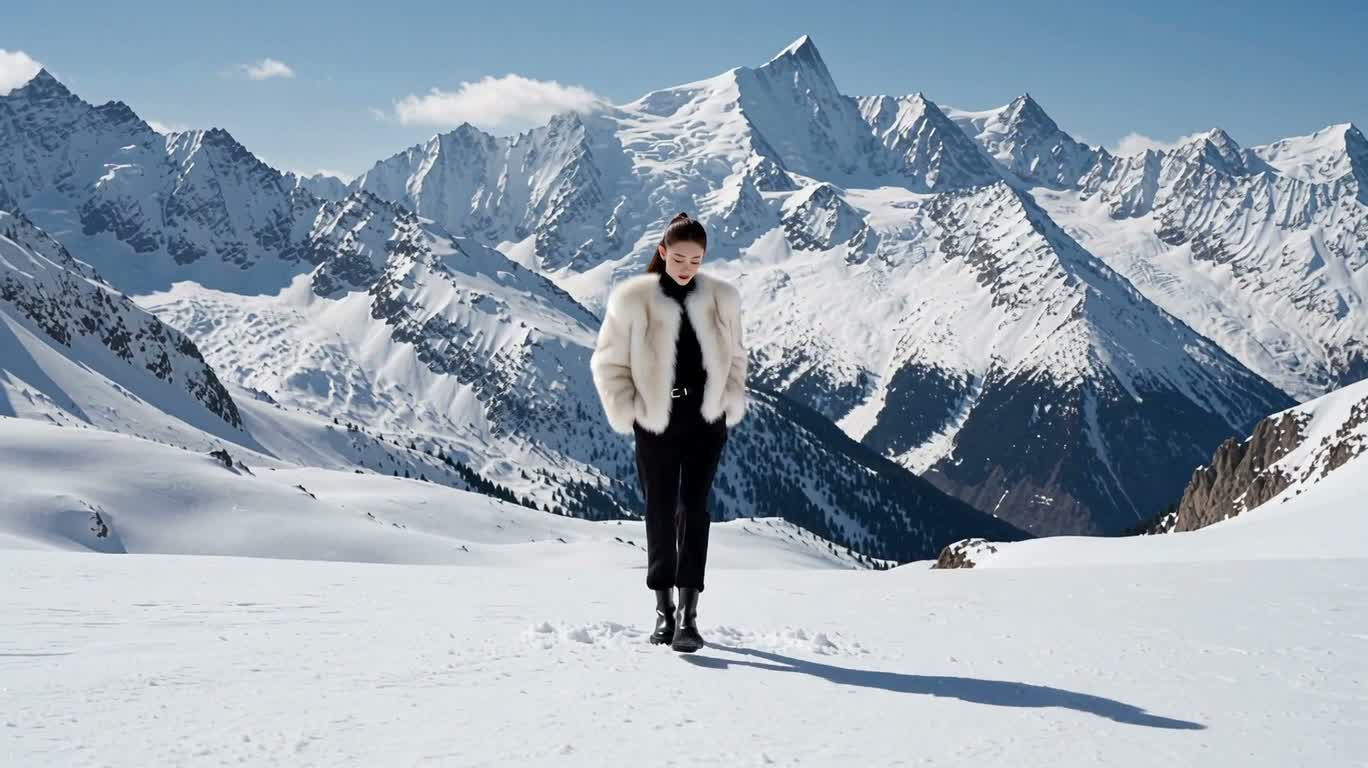 雪山中的冬日时尚漫步