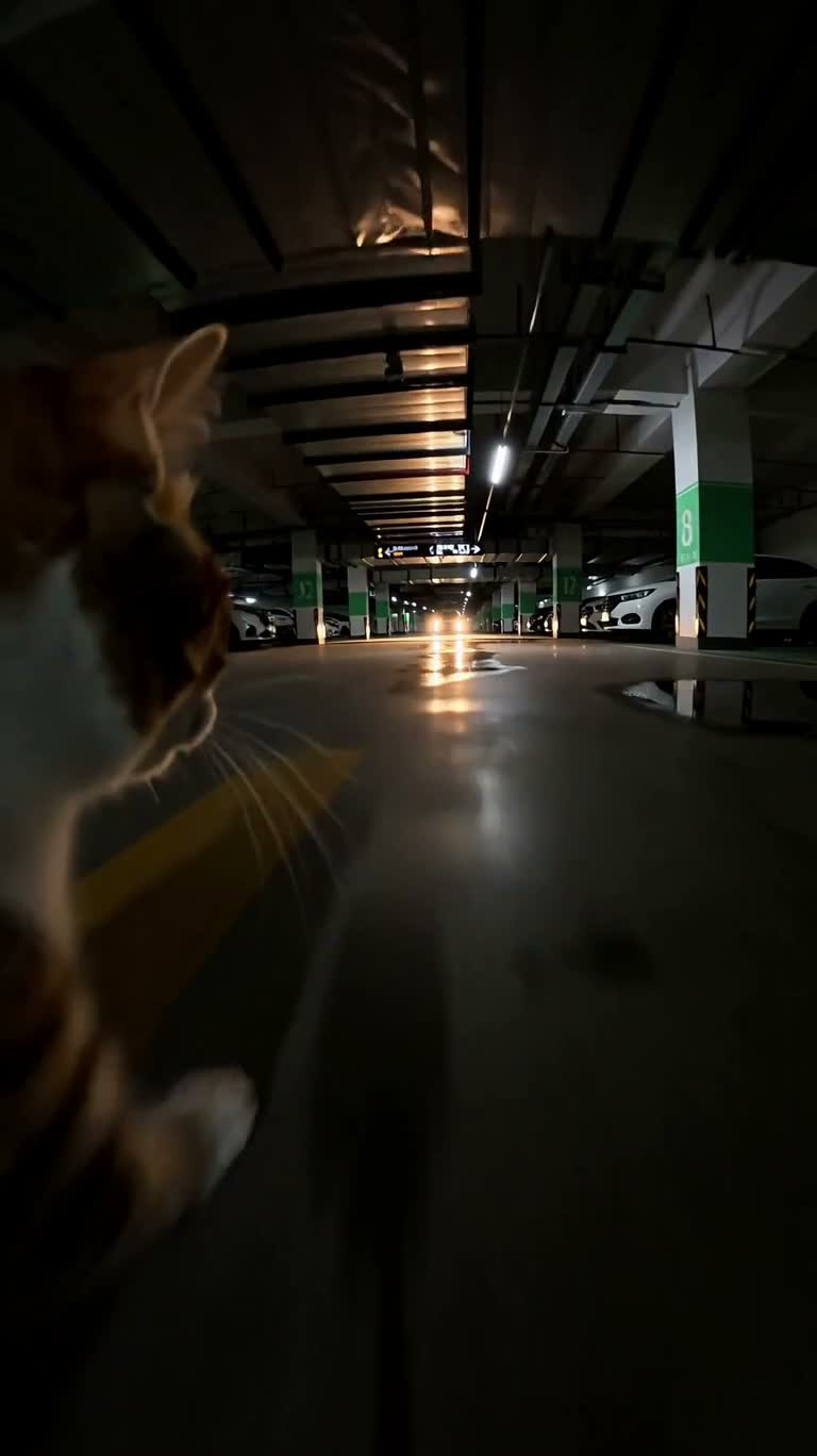 ガレージ疾走:猫の大胆な駆け抜け