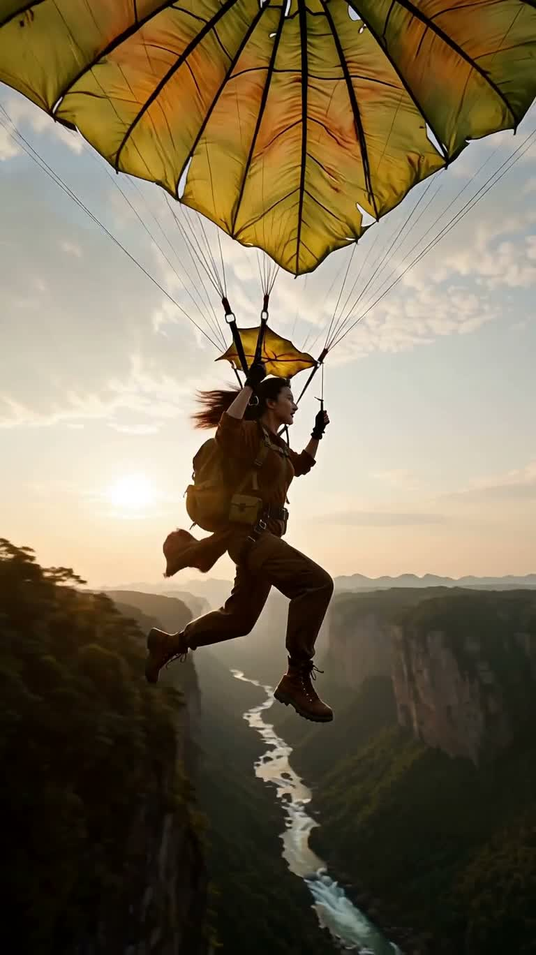 Phiêu lưu bay qua hẻm núi ô dù lá — AI video creation
