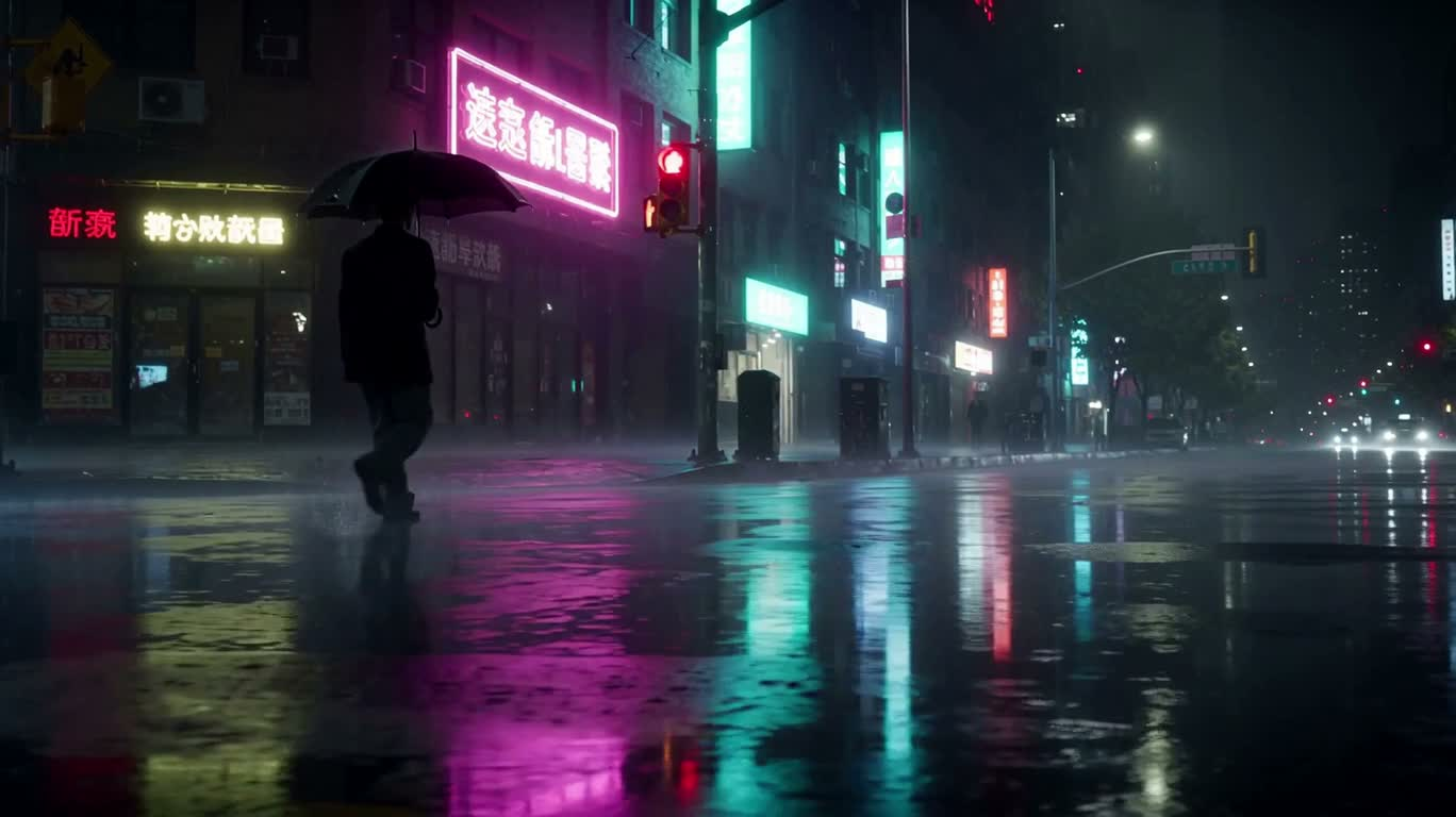 Scène de rue néon par nuit de pluie