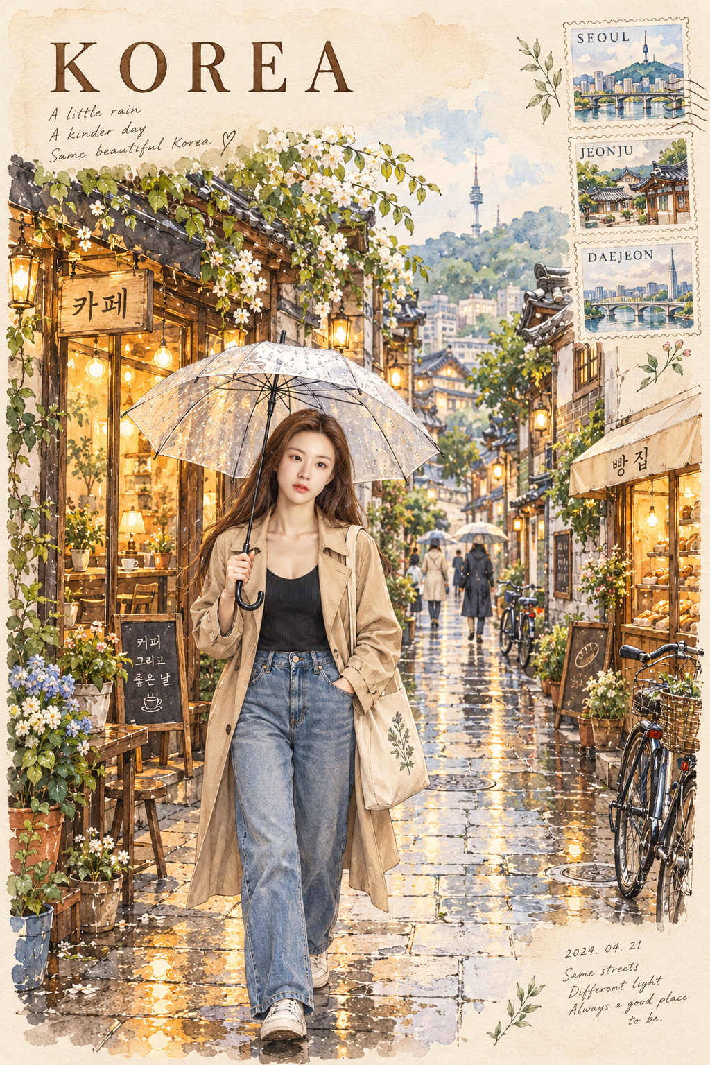 雨后韩国街巷水彩旅行手帐