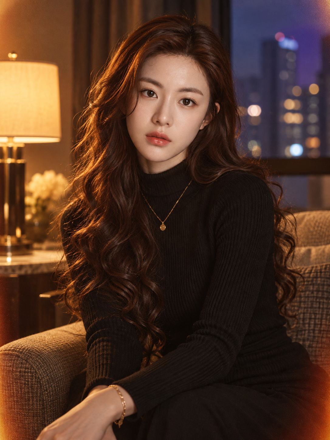 暖かなタングステン光と冷たい窓明かりが織りなす深いカールの夜のファッションポートレート