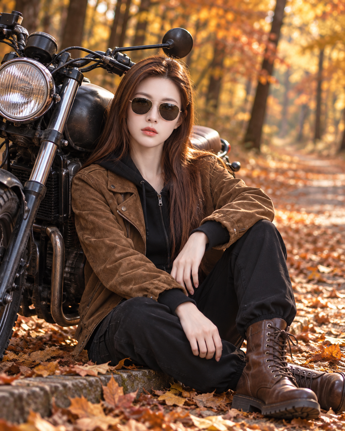 秋の森でヴィンテージバイクと佇む成人女性の肖像