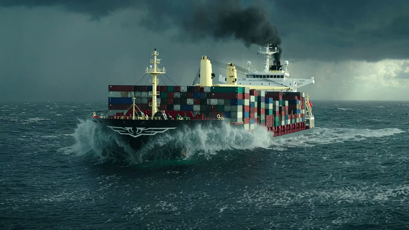 Vague géante engloutissant un cargo