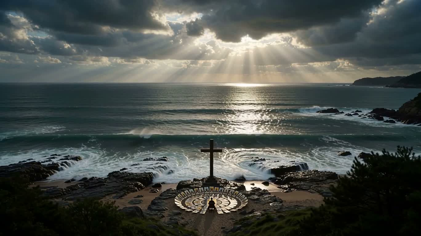 Cartes de tarot en croix sur la côte tempétueuse