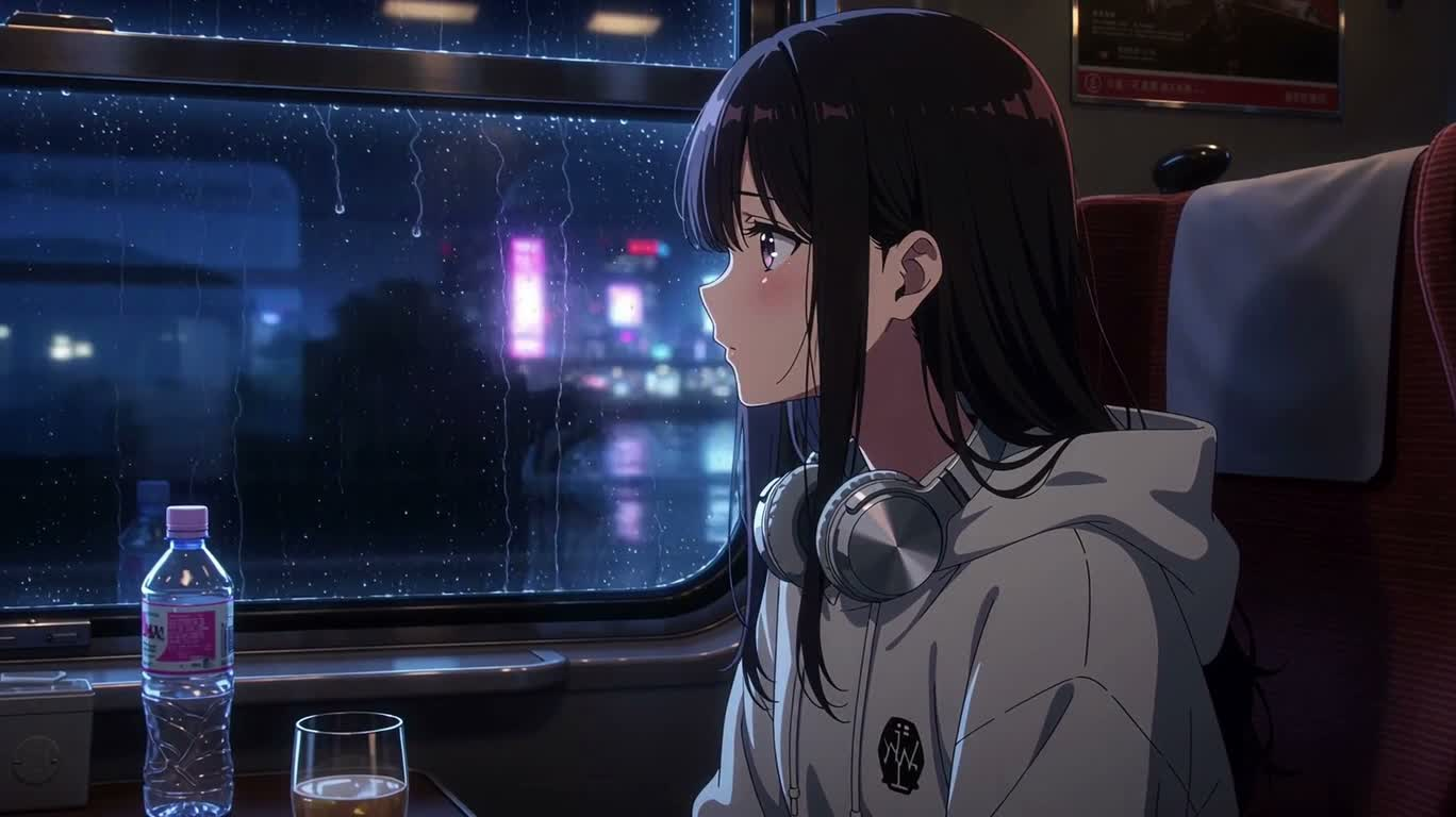 雨夜霓虹列车中的动漫少女