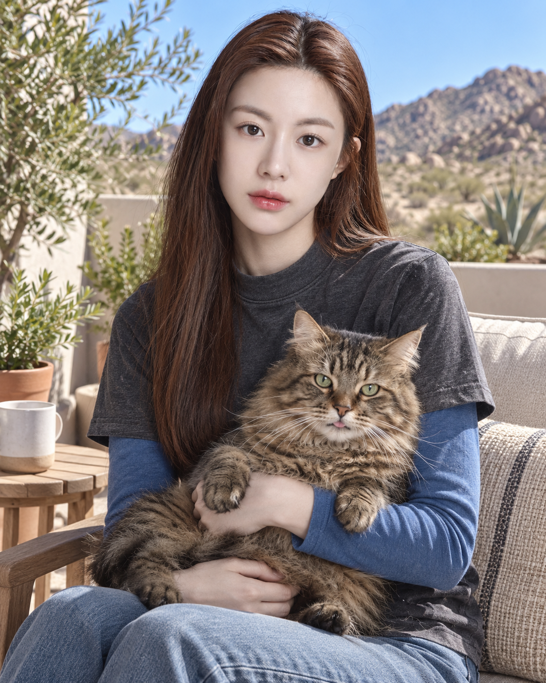 阳光露台上的成年女性与长毛虎斑猫