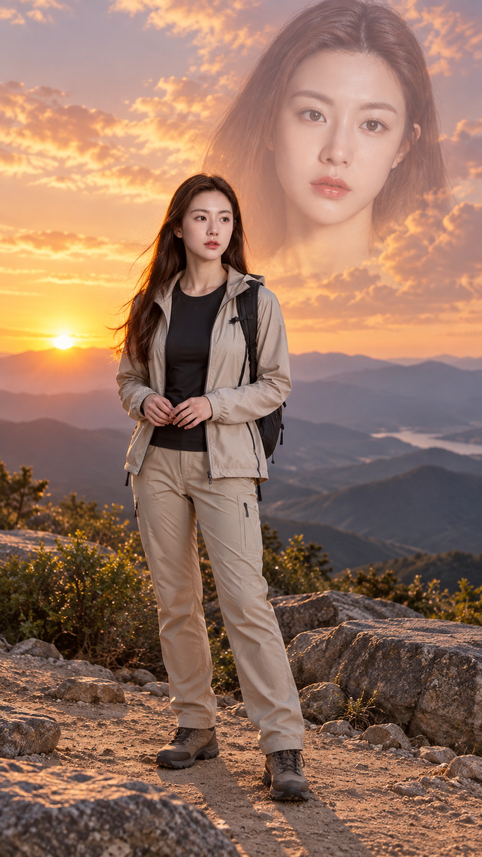金色山景中的成年女性双重曝光旅行肖像